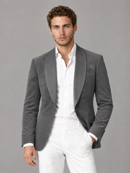 Savile Men's Grey Velvet Shawl Lapel 2-Piece Tuxedo Suit Set | Jacket & White Trousers - Grey - Grey (1)