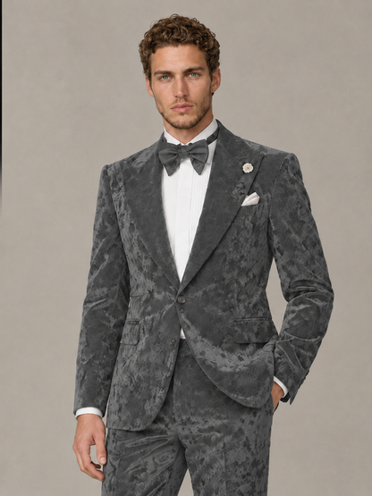 Savile Men's Grey Crushed Velvet Peak Lapel 2-Piece Suit Set | Jacket & Trousers - Grey - Grey (1)