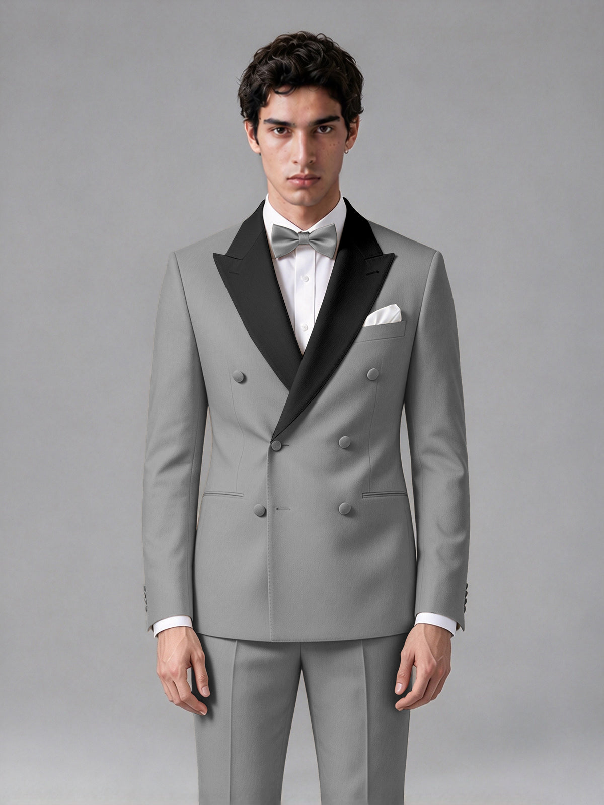 Men's Grey Double-Breasted Satin Peak Lapel Tuxedo Suit Set (Jacket + Trousers) - Grey