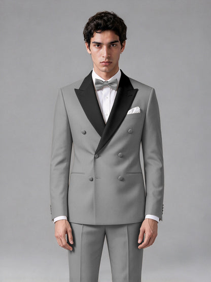 Men's Grey Double-Breasted Satin Peak Lapel Tuxedo Suit Set (Jacket + Trousers) - Grey