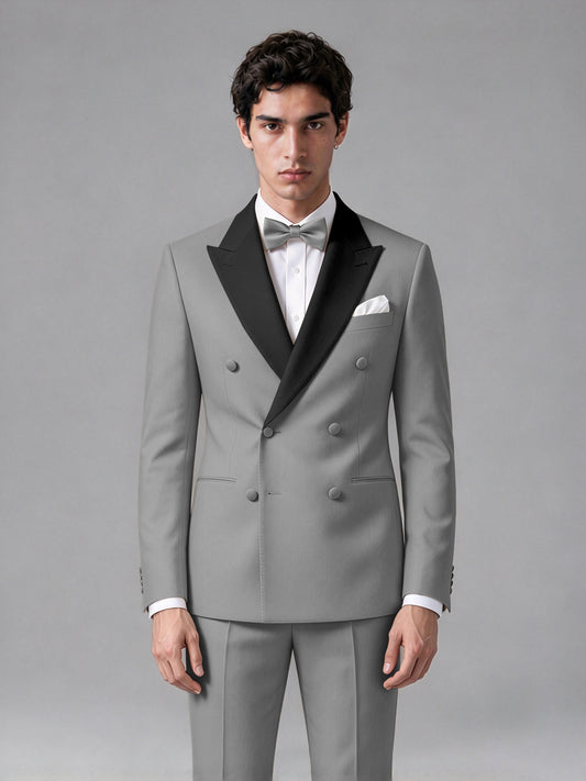 Men's Grey Double-Breasted Satin Peak Lapel Tuxedo Suit Set (Jacket + Trousers) - Grey
