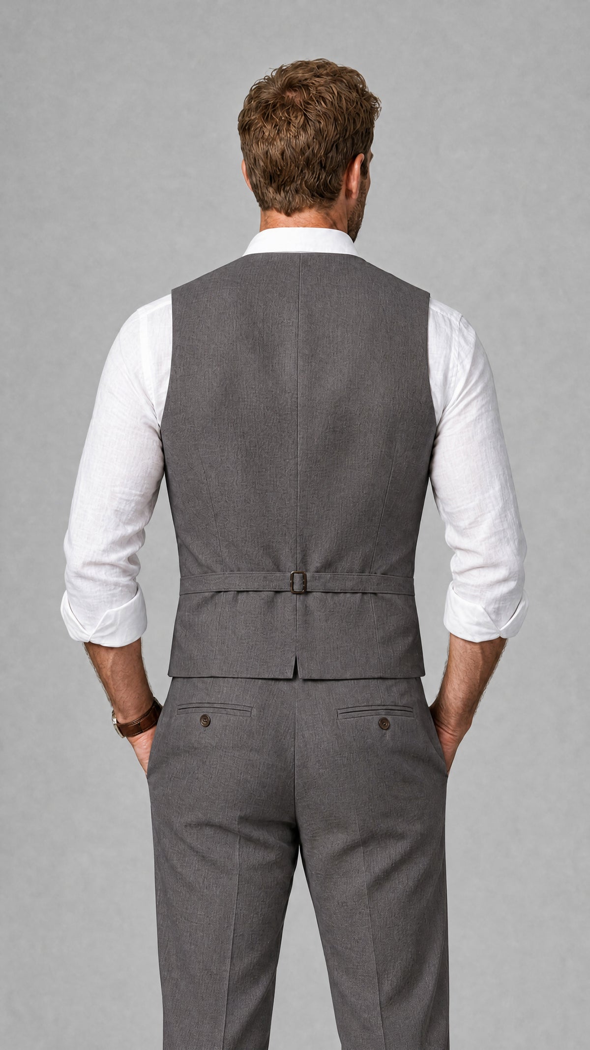 Men's Grey Linen Blend Single-Breasted V-Neck Suit Vest | Savile QX0101 - Grey