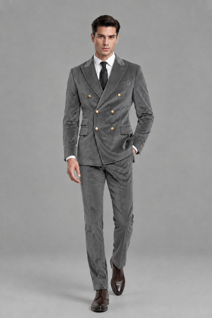 Savile Men's Grey Velvet Double-Breasted 2-Piece Suit Set | Peak Lapel Blazer & Trousers - Grey