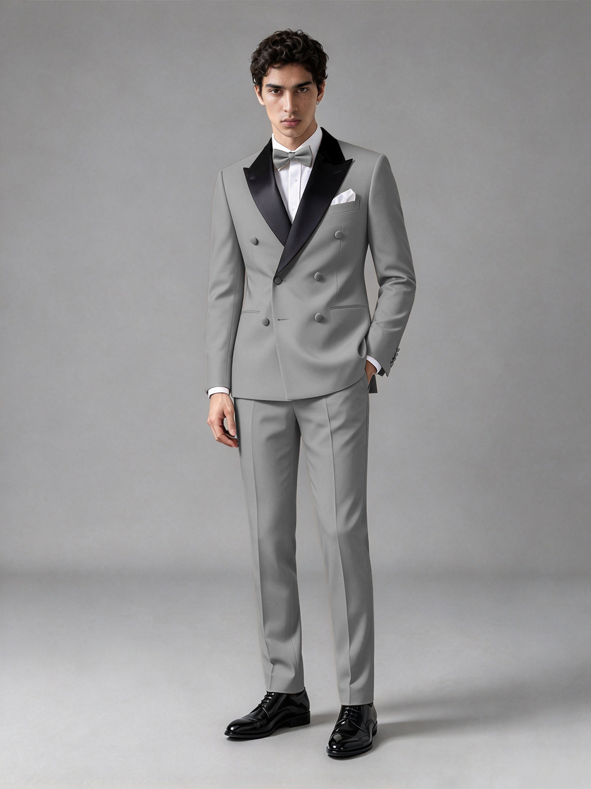Men's Grey Double-Breasted Satin Peak Lapel Tuxedo Suit Set (Jacket + Trousers) - Grey
