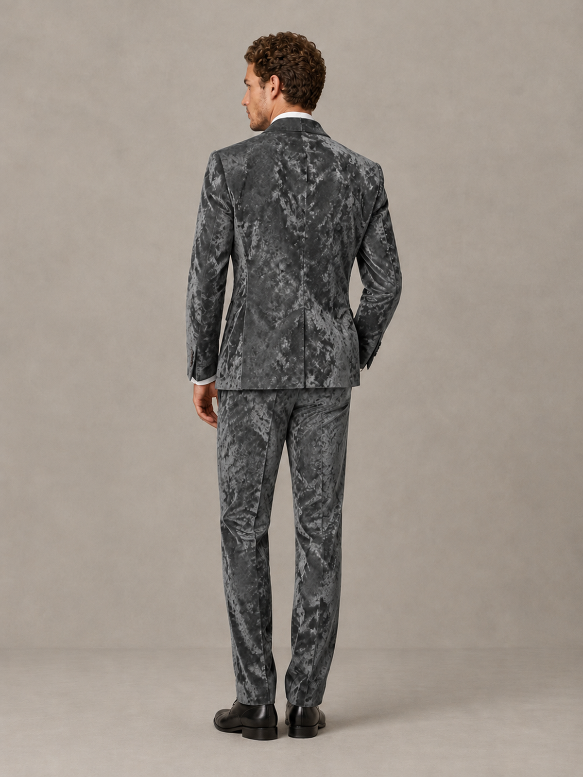 Savile Men's Grey Crushed Velvet Peak Lapel 2-Piece Suit Set | Jacket & Trousers - Grey - Grey (2)