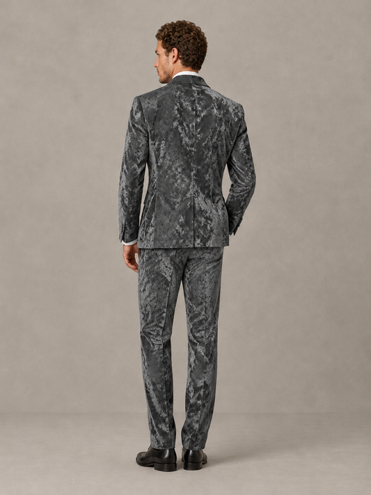 Savile Men's Grey Crushed Velvet Peak Lapel 2-Piece Suit Set | Jacket & Trousers - Grey - Grey (2)