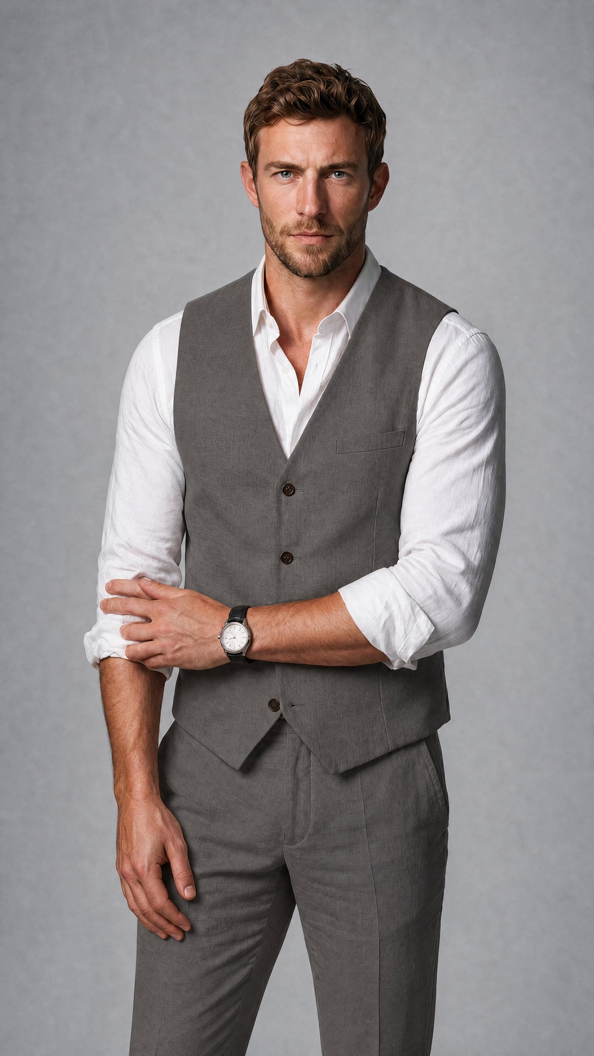 Men's Grey Linen Blend Single-Breasted V-Neck Suit Vest | Savile QX0101 - Grey