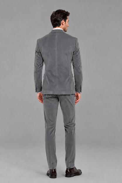 Savile Men's Grey Velvet Double-Breasted 2-Piece Suit Set | Peak Lapel Blazer & Trousers - Grey