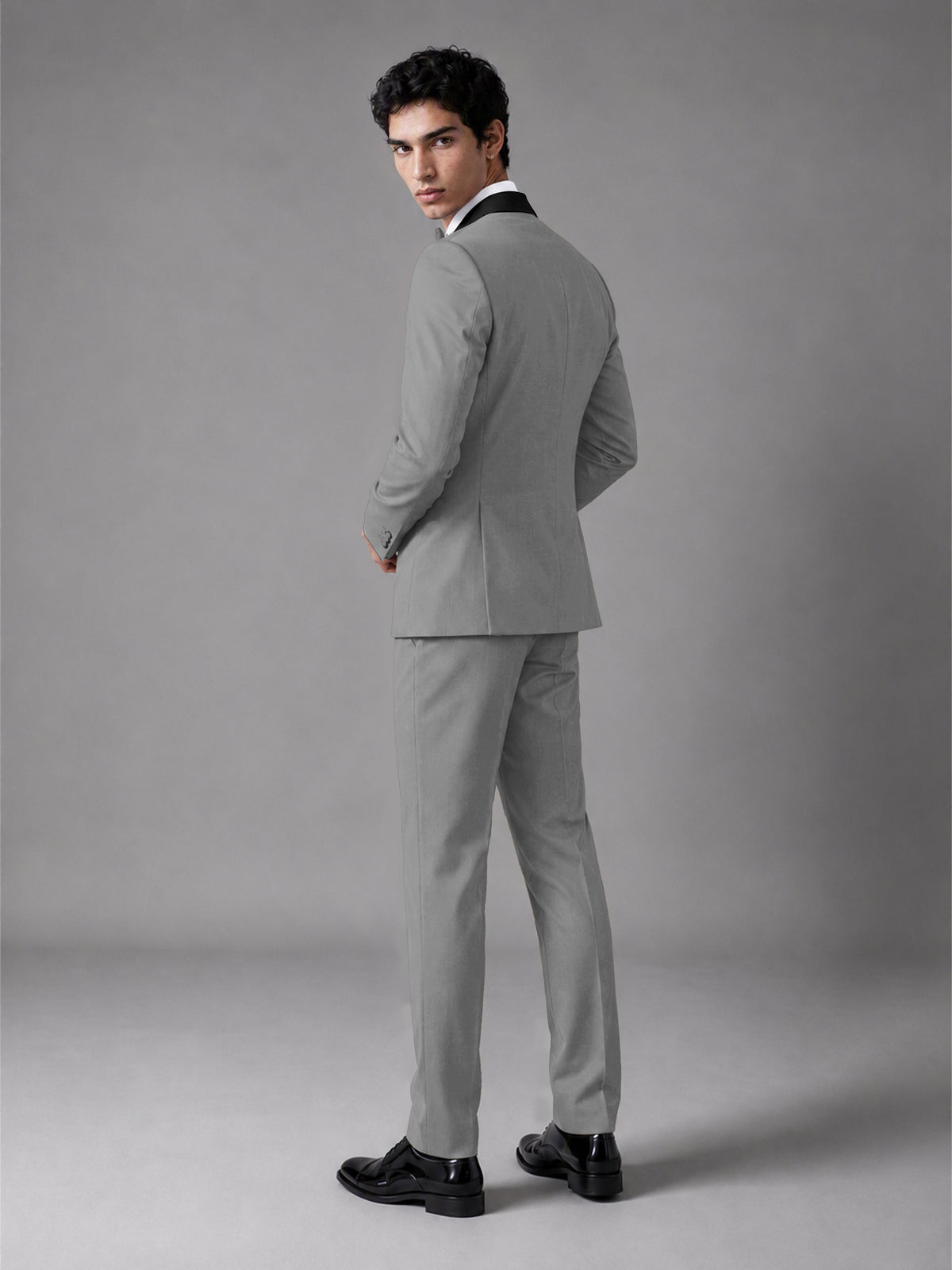 Men's Grey Double-Breasted Satin Peak Lapel Tuxedo Suit Set (Jacket + Trousers) - Grey