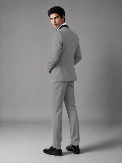 Men's Grey Double-Breasted Satin Peak Lapel Tuxedo Suit Set (Jacket + Trousers) - Grey