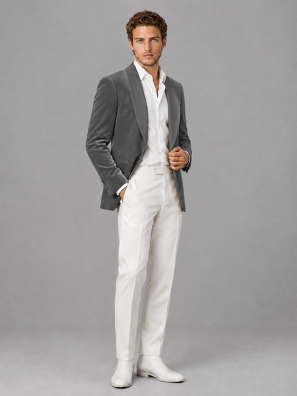 Savile Men's Grey Velvet Shawl Lapel 2-Piece Tuxedo Suit Set | Jacket & White Trousers - Grey - Grey (3)