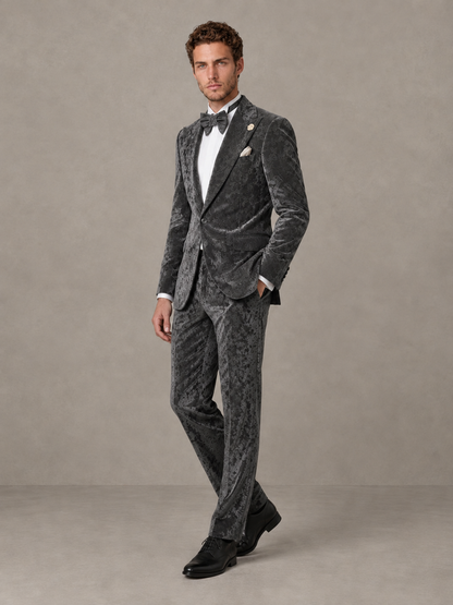 Savile Men's Grey Crushed Velvet Peak Lapel 2-Piece Suit Set | Jacket & Trousers - Grey - Grey (3)