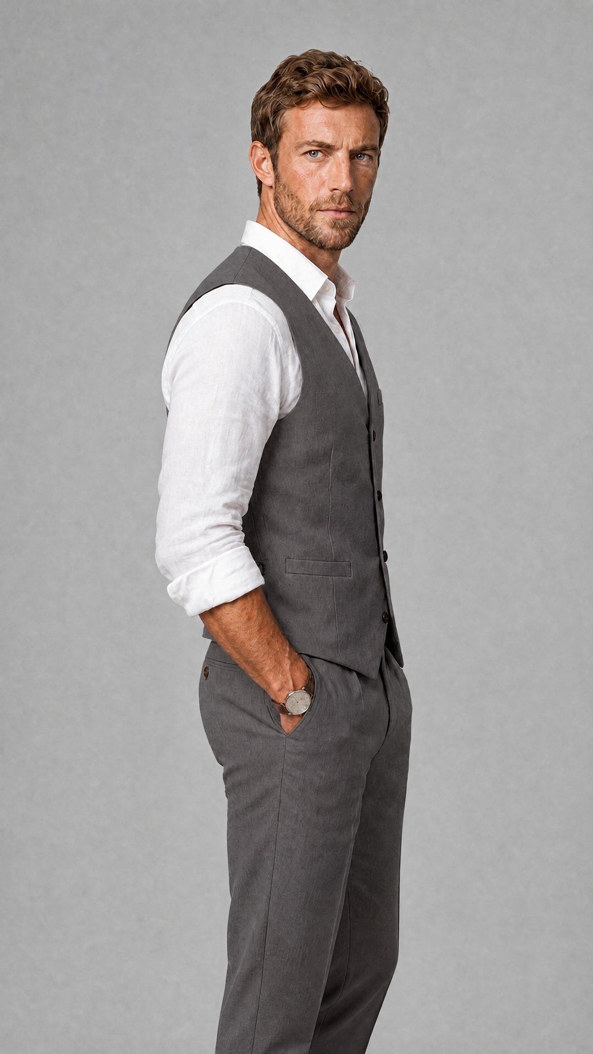Men's Grey Linen Blend Single-Breasted V-Neck Suit Vest | Savile QX0101 - Grey