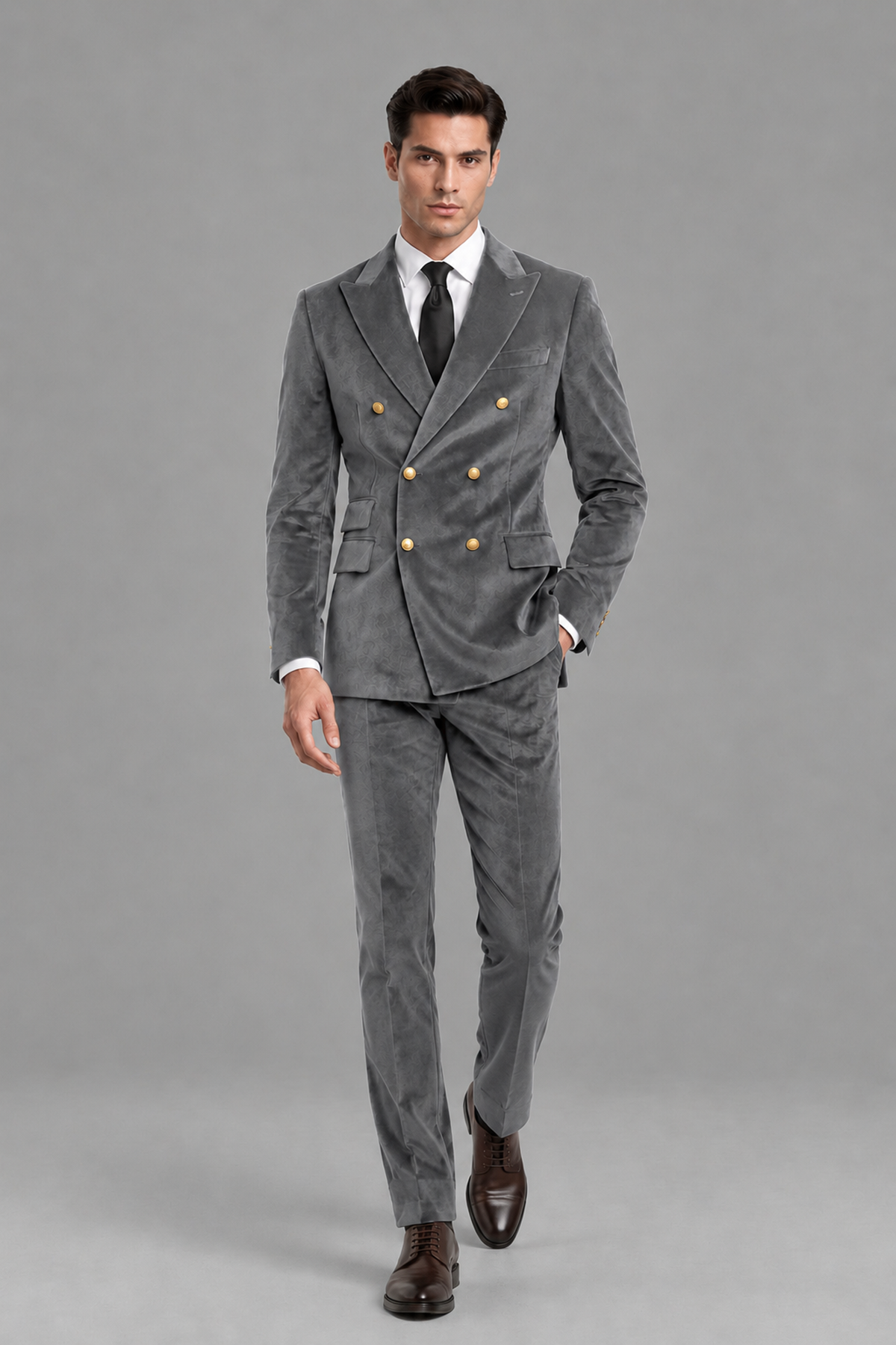 Savile Men's Grey Velvet Double-Breasted 2-Piece Suit Set | Peak Lapel Blazer & Trousers - Grey