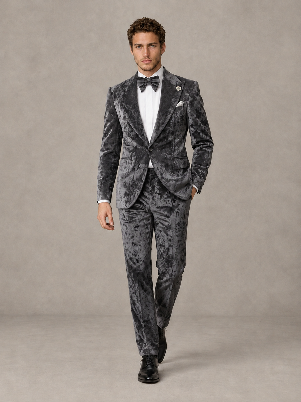 Savile Men's Grey Crushed Velvet Peak Lapel 2-Piece Suit Set | Jacket & Trousers - Grey - Grey (4)