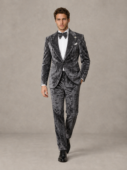 Savile Men's Grey Crushed Velvet Peak Lapel 2-Piece Suit Set | Jacket & Trousers - Grey - Grey (4)