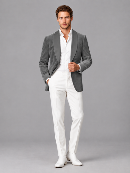 Savile Men's Grey Velvet Shawl Lapel 2-Piece Tuxedo Suit Set | Jacket & White Trousers - Grey - Grey (4)