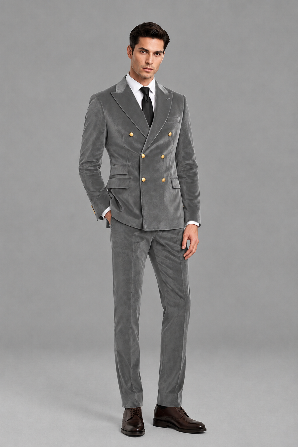 Savile Men's Grey Velvet Double-Breasted 2-Piece Suit Set | Peak Lapel Blazer & Trousers - Grey