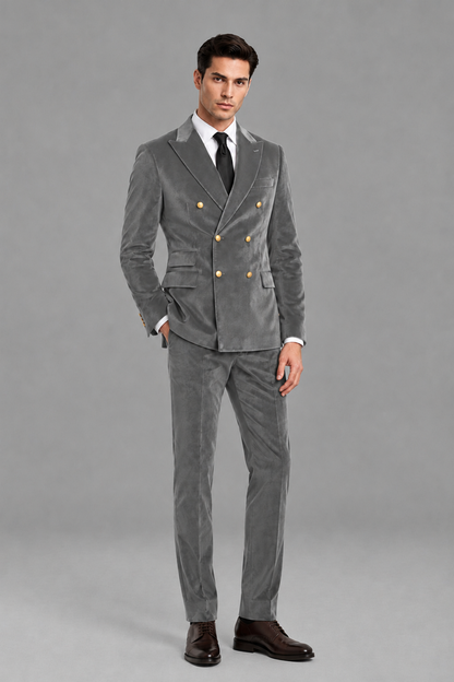 Savile Men's Grey Velvet Double-Breasted 2-Piece Suit Set | Peak Lapel Blazer & Trousers - Grey