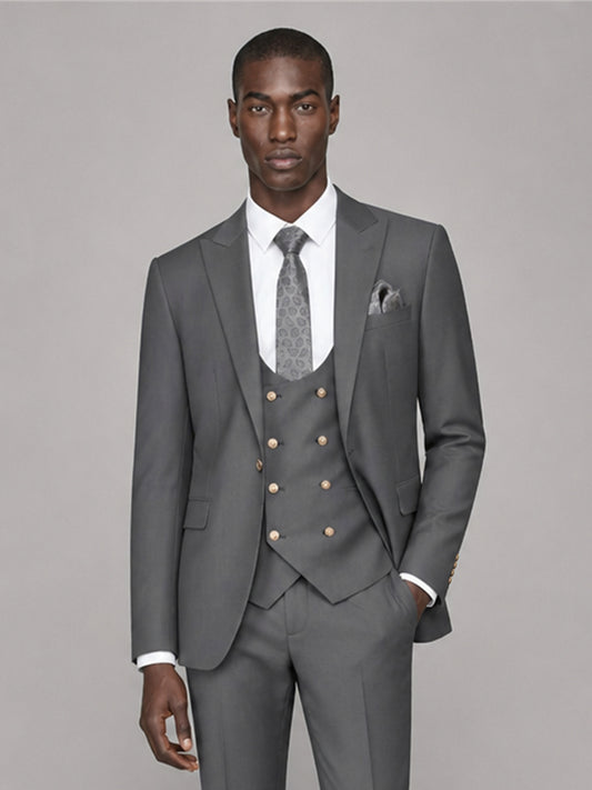 Men's Grey 3-Piece Suit Set – Jacket, Double-Breasted Vest & Trousers