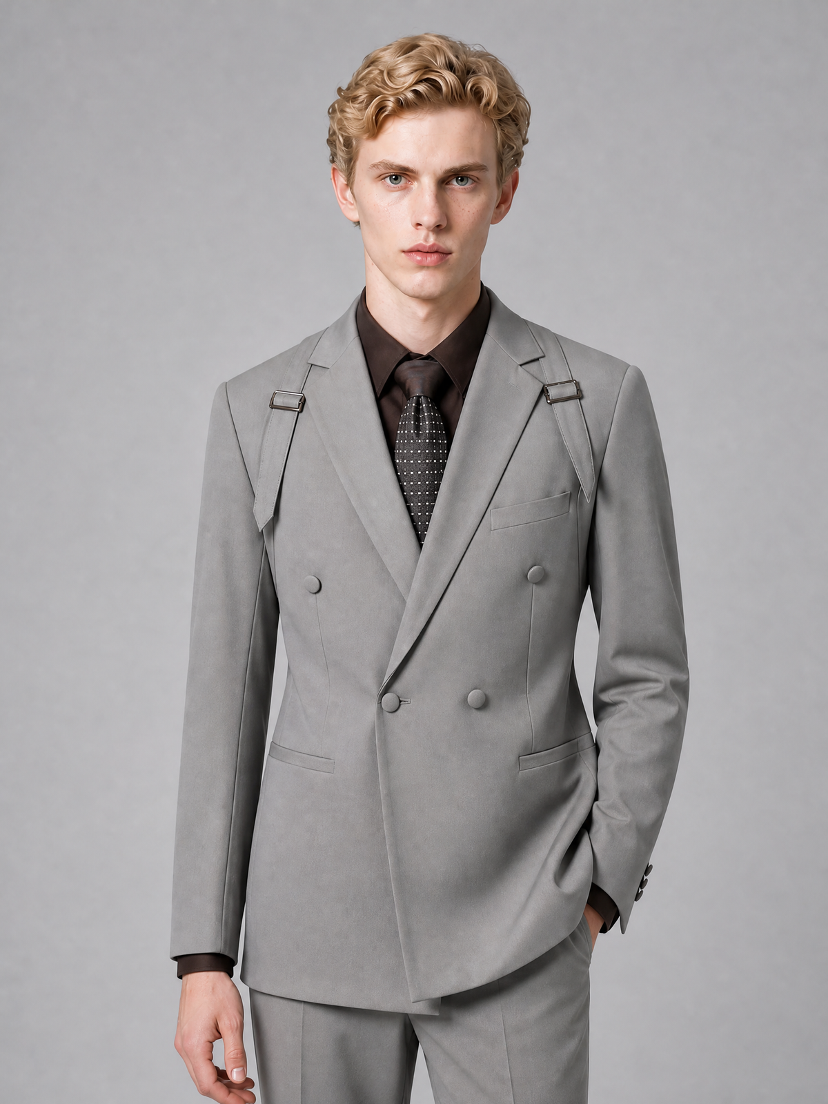 Men's Light Grey Double-Breasted Slim Fit 2-Piece Suit – Peak Lapel Wedding & Business Formal Set