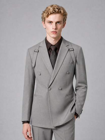 Men's Light Grey Double-Breasted Slim Fit 2-Piece Suit – Peak Lapel Wedding & Business Formal Set