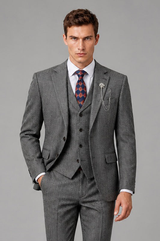 Savile Men's Grey 3-Piece Suit - Front full-body view featuring notch lapel jacket, tailored vest, and flat-front trousers