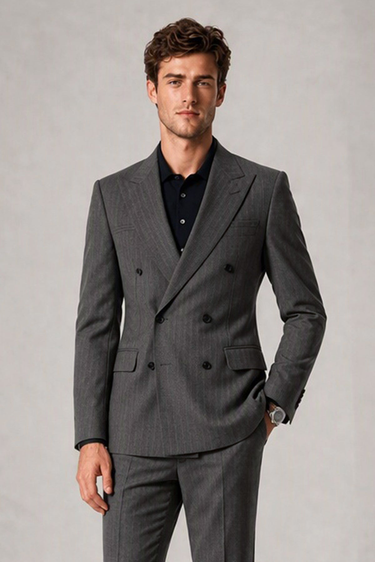 Close-up of Savile Men's Charcoal Grey Double Breasted Jacket showing peak lapel and button stance