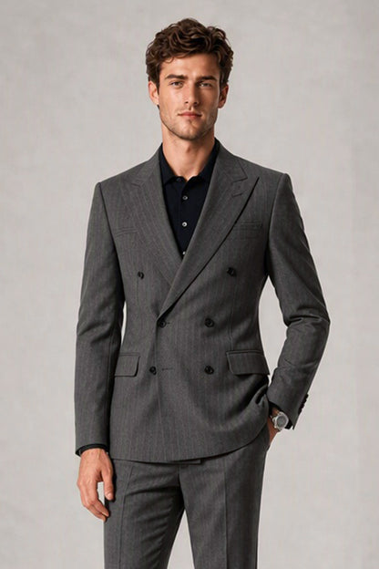 Close-up of Savile Men's Charcoal Grey Double Breasted Jacket showing peak lapel and button stance