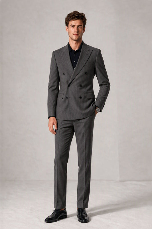 Savile Men's Charcoal Grey Double Breasted Slim Fit 2-Piece Suit Set with Peak Lapel Blazer and Trousers - Front Full Body View