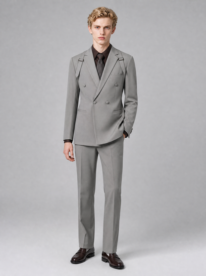 Men's Light Grey Double-Breasted Slim Fit 2-Piece Suit – Peak Lapel Wedding & Business Formal Set