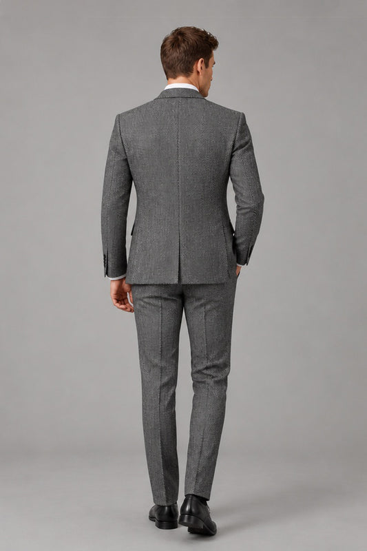 Savile Men's Grey 3-Piece Suit - Close-up view of notch lapel jacket, five-button vest, and lapel pin chain detail