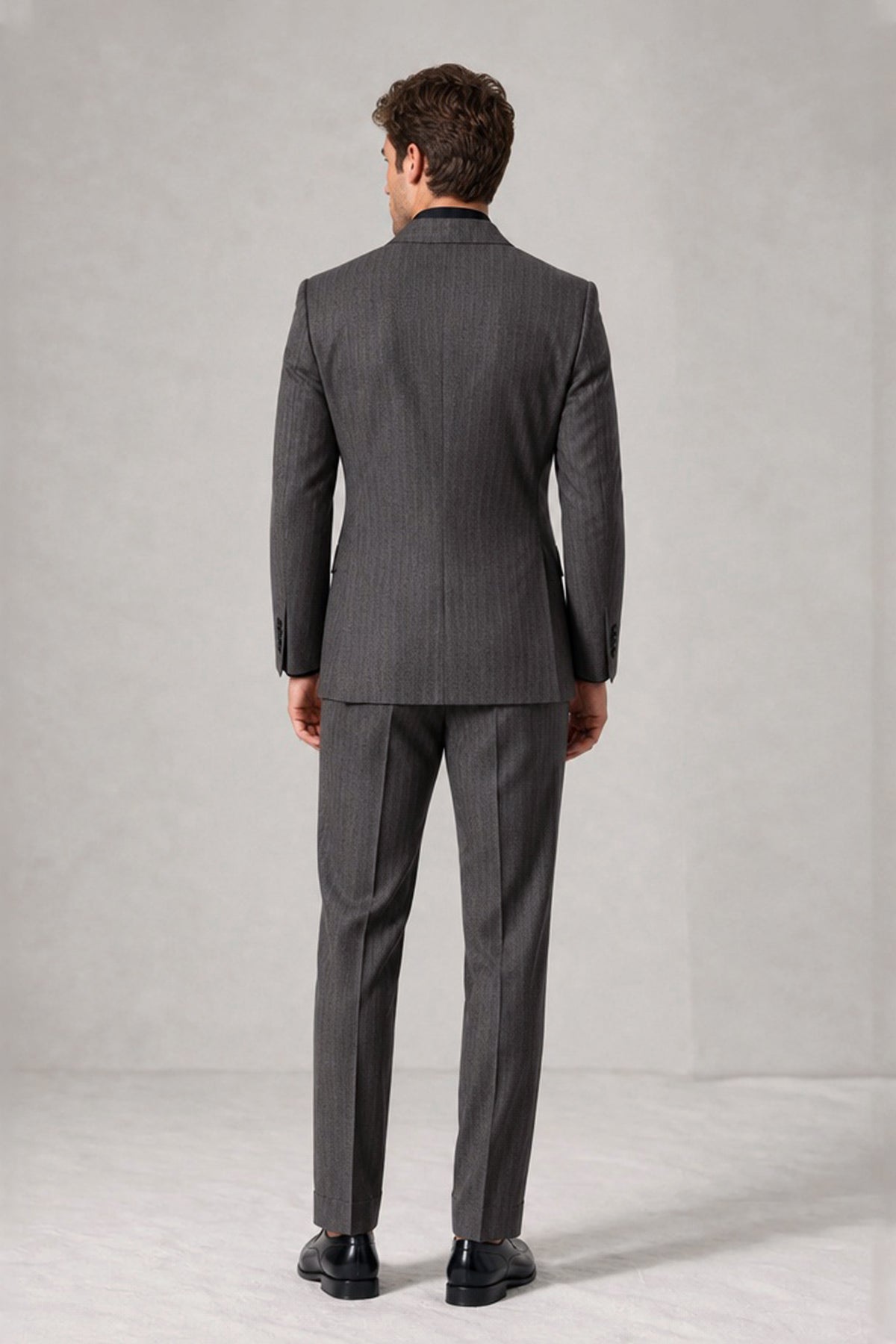 Savile Men's Charcoal Grey Double Breasted 2-Piece Suit Set standing pose with hand in pocket