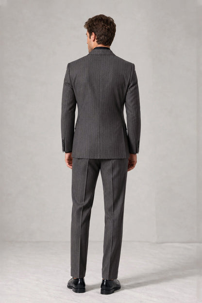 Savile Men's Charcoal Grey Double Breasted 2-Piece Suit Set standing pose with hand in pocket