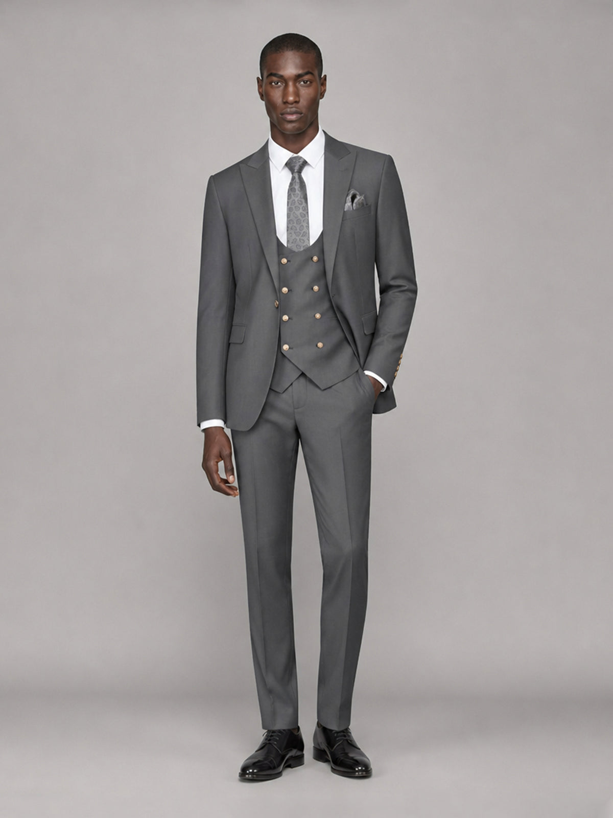 Men's Grey 3-Piece Suit Set – Jacket, Double-Breasted Vest & Trousers