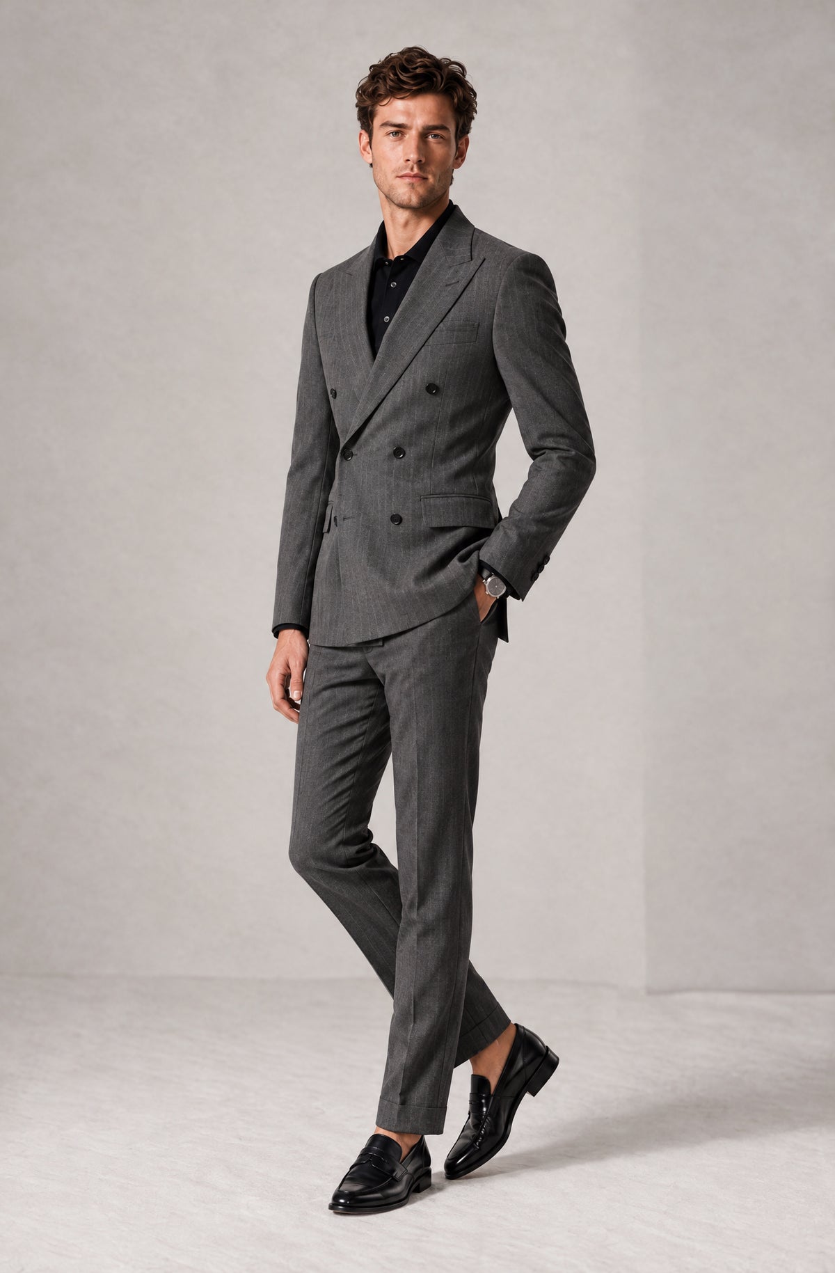 Rear view of Savile Men's Charcoal Grey Double Breasted Suit showing back vents and trouser drape