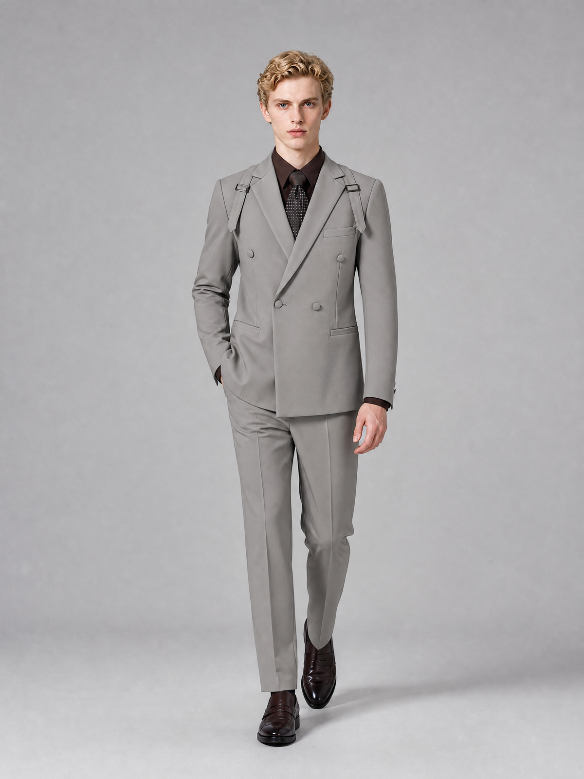 Men's Light Grey Double-Breasted Slim Fit 2-Piece Suit – Peak Lapel Wedding & Business Formal Set