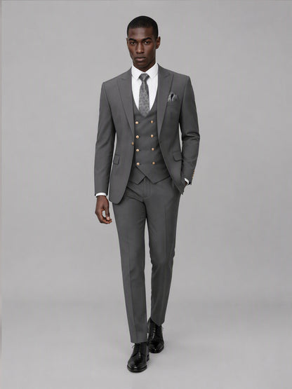 Men's Grey 3-Piece Suit Set – Jacket, Double-Breasted Vest & Trousers