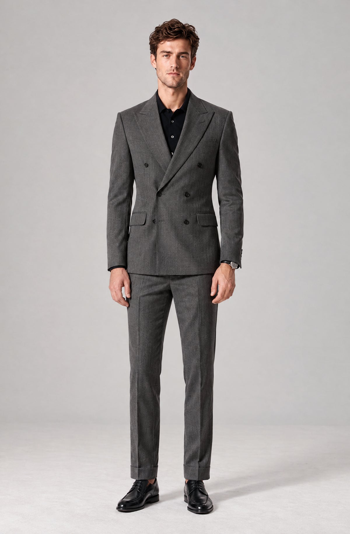 Side angled view of Savile Men's Charcoal Grey Double Breasted Suit Set