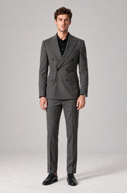 Side angled view of Savile Men's Charcoal Grey Double Breasted Suit Set