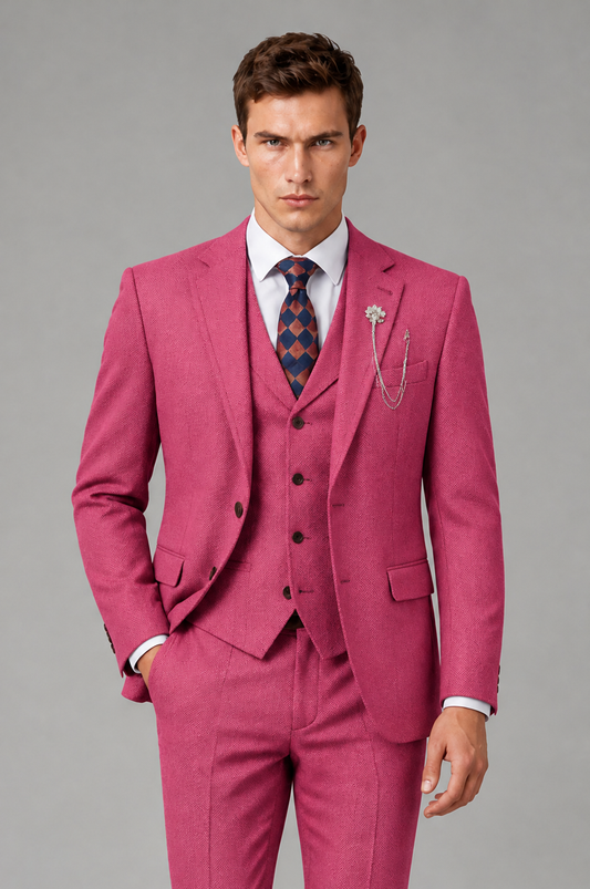 Savile Men's Grey Notch Lapel 3-Piece Suit Set | Jacket, Vest & Trousers - Hot Pink - Hot Pink