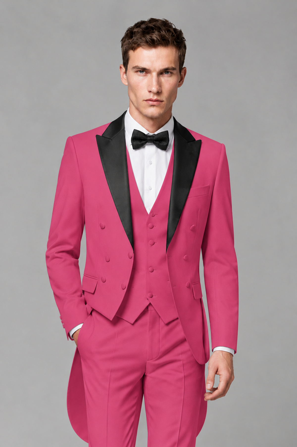 Savile Hot Pink 3-Piece Tailcoat Tuxedo Suit with Black Peak Lapel - Hot Pink - Hot Pink_01