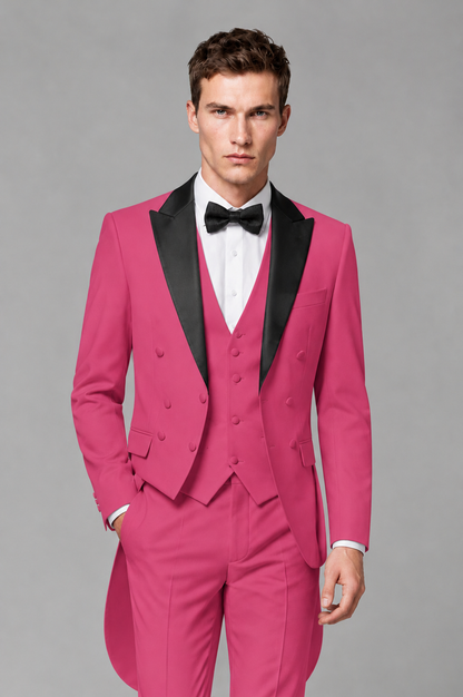 Savile Hot Pink 3-Piece Tailcoat Tuxedo Suit with Black Peak Lapel - Hot Pink - Hot Pink_01