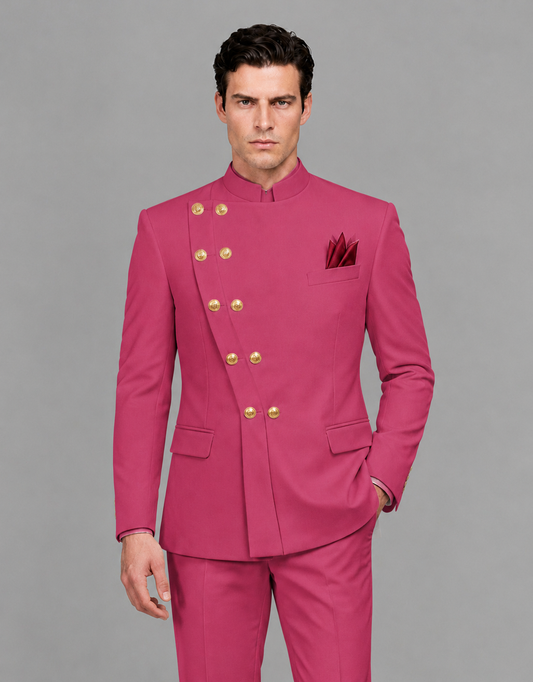 BOLODOO Men's Hot Pink Asymmetrical Mandarin Collar Tuxedo Suit – Modern 2-Piece Gold Button Wedding, Prom & Gala Set - Hot Pink - Hot Pink_01