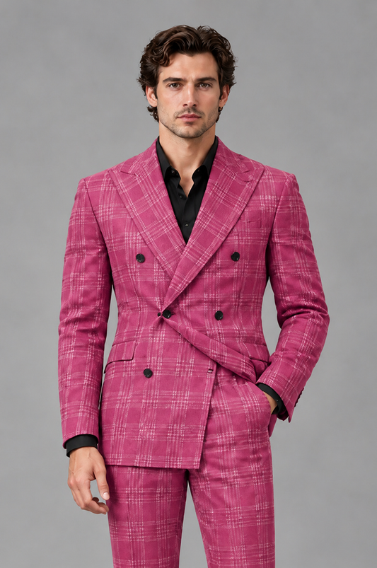 Savile Men's Rust Plaid 2-Piece Double-Breasted Suit – Peak Lapel Slim-Fit Jacket & Trousers Set - Hot Pink - Hot Pink