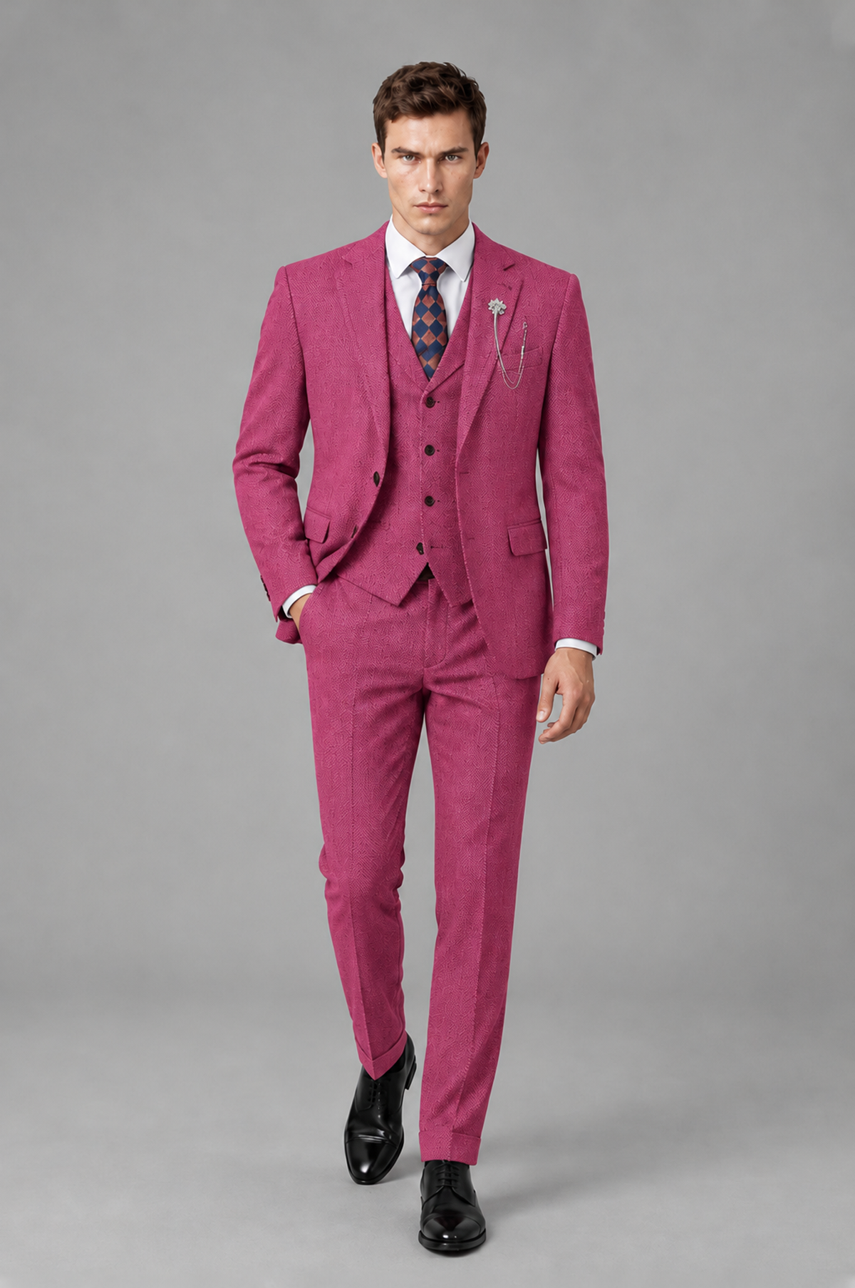 Savile Men's Grey Notch Lapel 3-Piece Suit Set | Jacket, Vest & Trousers - Hot Pink - Hot Pink
