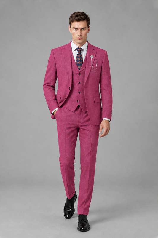 Savile Men's Grey Notch Lapel 3-Piece Suit Set | Jacket, Vest & Trousers - Hot Pink - Hot Pink