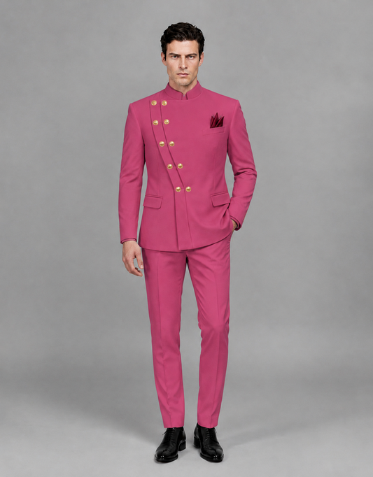 BOLODOO Men's Hot Pink Asymmetrical Mandarin Collar Tuxedo Suit – Modern 2-Piece Gold Button Wedding, Prom & Gala Set - Hot Pink - Hot Pink_02