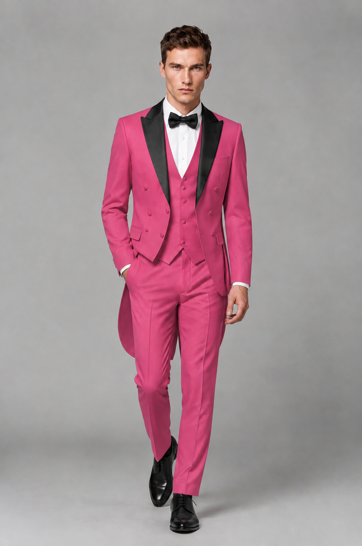 Savile Hot Pink 3-Piece Tailcoat Tuxedo Suit with Black Peak Lapel - Hot Pink - Hot Pink_02