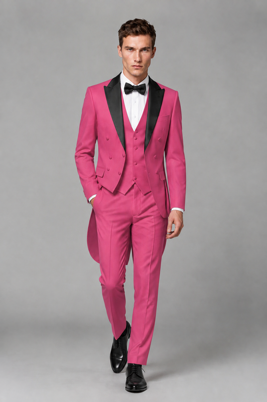 Savile Hot Pink 3-Piece Tailcoat Tuxedo Suit with Black Peak Lapel - Hot Pink - Hot Pink_02